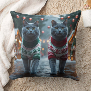 Russisch Blau Katzen Weihnachten Schnee Feiertag  Kissen