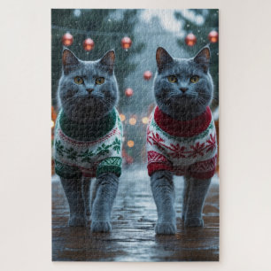Russisch Blau Katzen Weihnachten Schnee Urlaub Puzzle