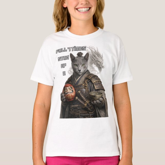 Russisch Blau Samurai Katze T-Shirt (Vorderseite)