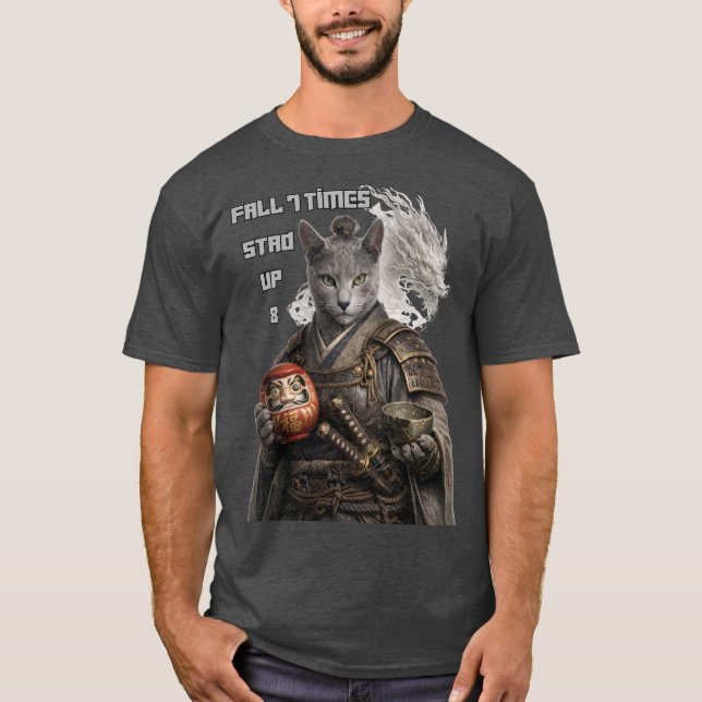 Russisch Blau Samurai Katze T-Shirt (Vorderseite)