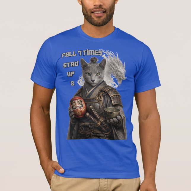 Russisch Blau Samurai Katze T-Shirt (Vorderseite)