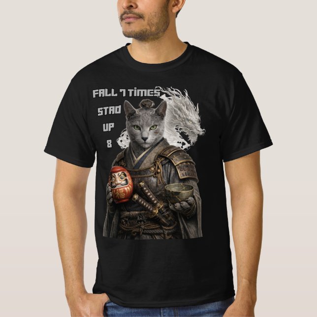 Russisch Blau Samurai Katze T-Shirt (Vorderseite)