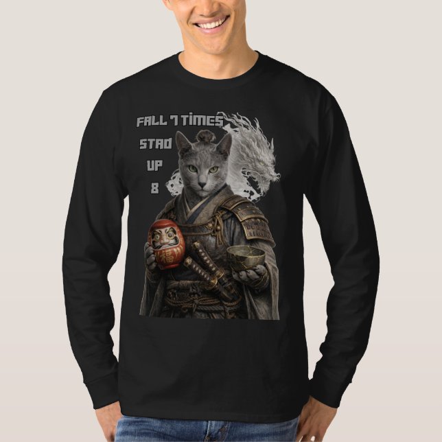 Russisch Blau Samurai Katze T-Shirt (Vorderseite)