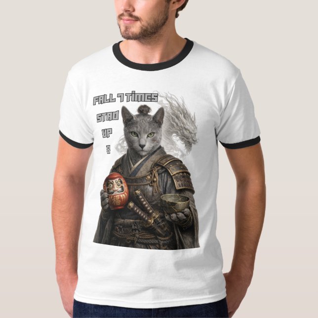 Russisch Blau Samurai Katze T-Shirt (Vorderseite)