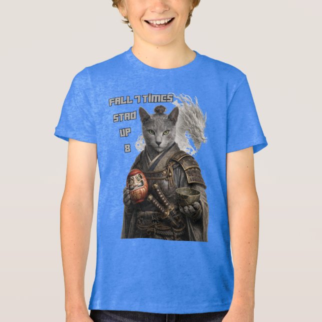 Russisch Blau Samurai Katze Tri-Blend Shirt (Vorderseite)