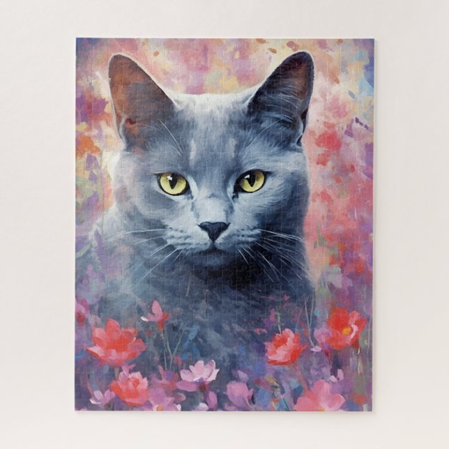 Russisch-Blaue Katze farbige Aquarellbilder Puzzle (Vertikal)