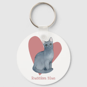 Russisch Blue Cat Watercolor Kitty Pink Herz Schlüsselanhänger