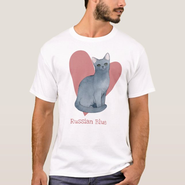 Russisch Blue Cat Watercolor Kitty Pink Herz T-Shirt (Vorderseite)
