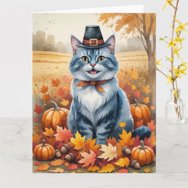 Russische Blaue Katze Herbst Verlassene Erntedank  Karte (Gelbe Blume)