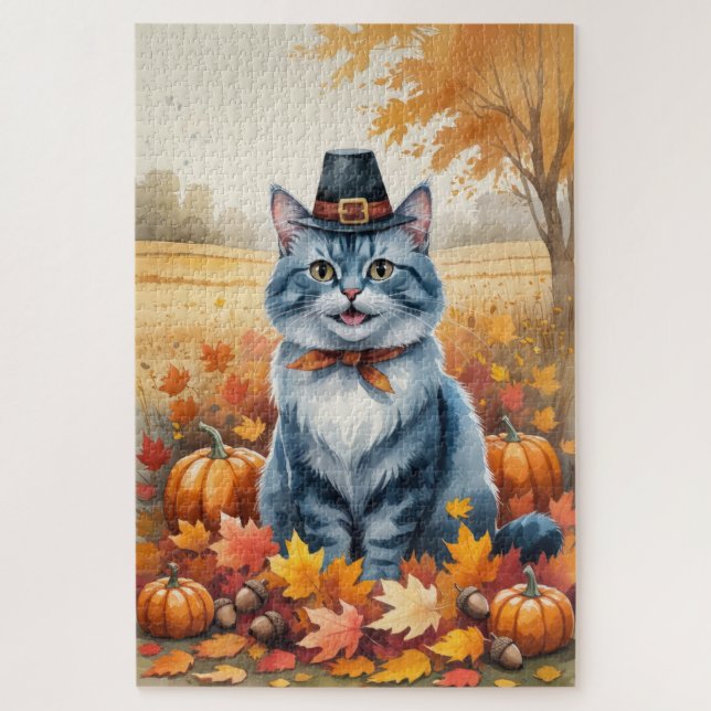 Russische Blaue Katze Herbst Verlassene Erntedank  Puzzle (Vertikal)
