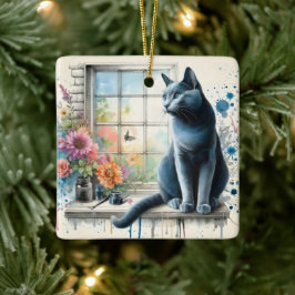 Russische blaue Katze im Fenster mit Aquarellfarbe Keramikornament