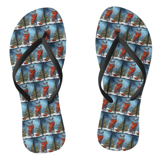 Russische Blaue Katze im Schnee Weihnachten Flip Flops (Fußbett)