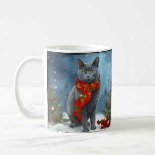 Russische Blaue Katze im Schnee Weihnachten Kaffeetasse