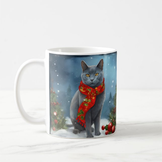 Russische Blaue Katze im Schnee Weihnachten Kaffeetasse (Links)