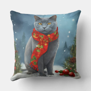 Russische Blaue Katze im Schnee Weihnachten Kissen