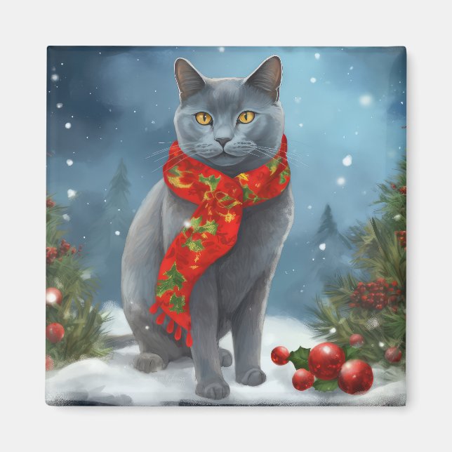 Russische Blaue Katze im Schnee Weihnachten Magnet (Vorne)