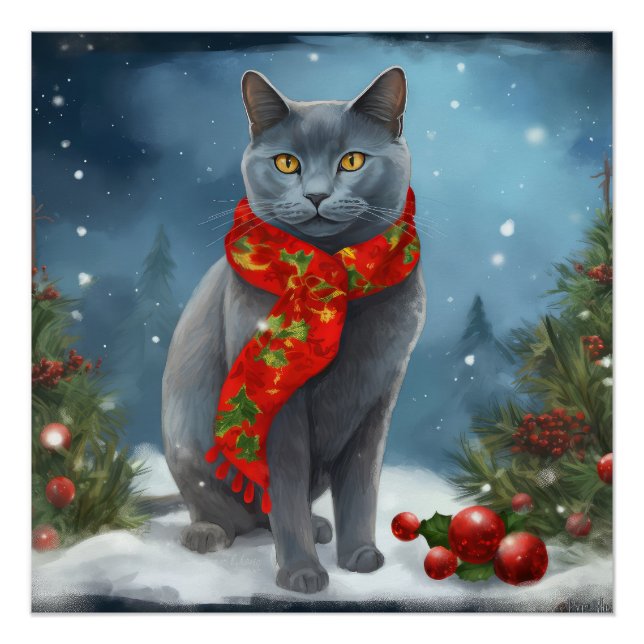Russische Blaue Katze im Schnee Weihnachten Poster (Vorderseite)