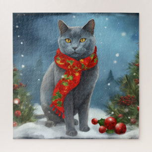 Russische Blaue Katze im Schnee Weihnachten Puzzle