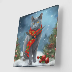 Russische Blaue Katze im Schnee Weihnachten Quadratische Wanduhr