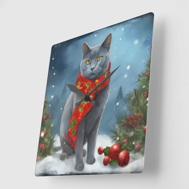 Russische Blaue Katze im Schnee Weihnachten Quadratische Wanduhr (Winkel)