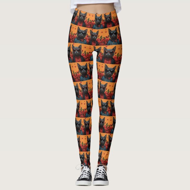 Russische blaue Katze mit Herz-Rose Valentinstag Leggings (Vorderseite)