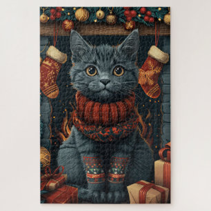 Russische blaue Katze mit Weihnachtsgeschenken Feu Puzzle