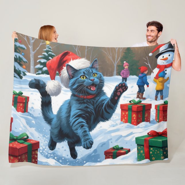 Russische blaue Katze mit Weihnachtsmütze Fleecedecke (Beispiel)