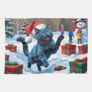 Russische blaue Katze mit Weihnachtsmütze Geschirrtuch