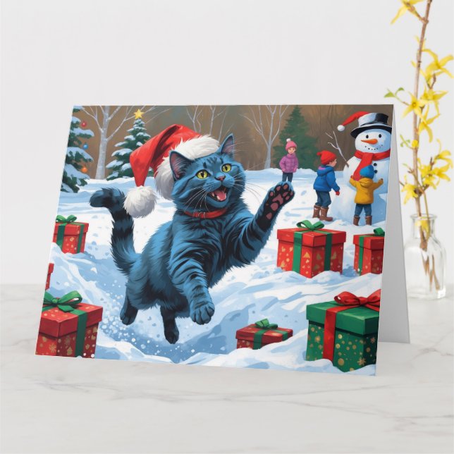 Russische blaue Katze mit Weihnachtsmütze Karte (Gelbe Blume)