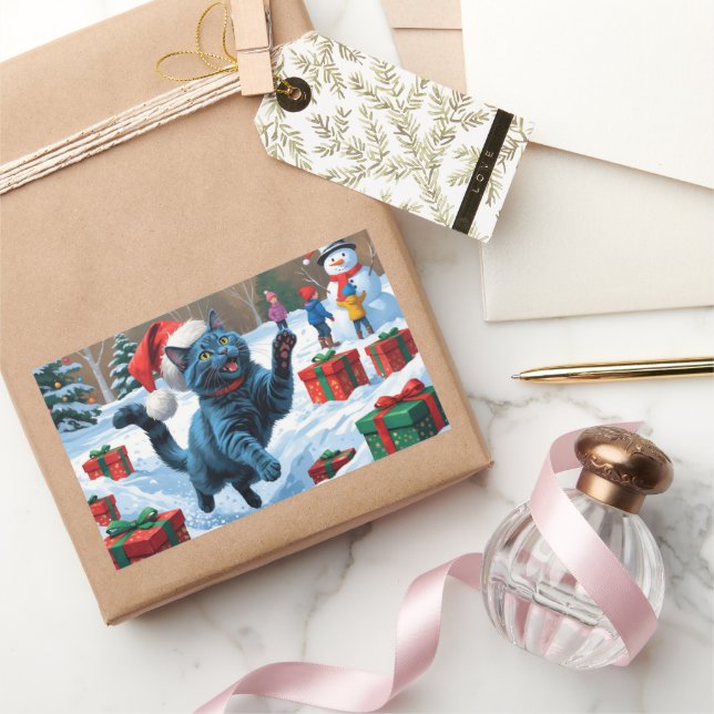 Russische blaue Katze mit Weihnachtsmütze Rechteckiger Aufkleber (Schenken)