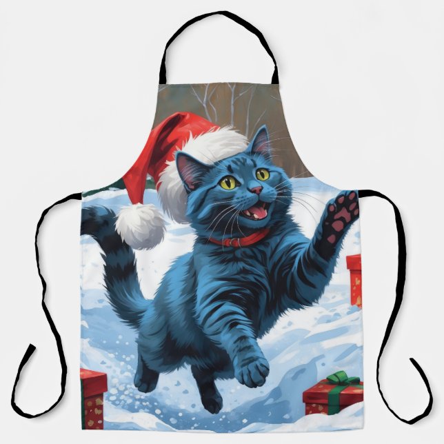 Russische blaue Katze mit Weihnachtsmütze Schürze (Vorderseite)