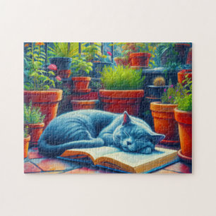 Russische blaue Katze Schlafen auf einem Buchgemäl Puzzle
