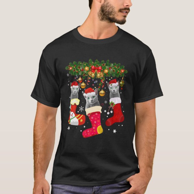 Russische blaue Katzen in Weihnachtssock Funny Rus T-Shirt (Vorderseite)