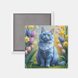 Russische Blauen Katzen Frühlingsblumen Malerei Magnet