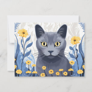 Russische Blaukatzengelbe Blumen Feiertagskarte