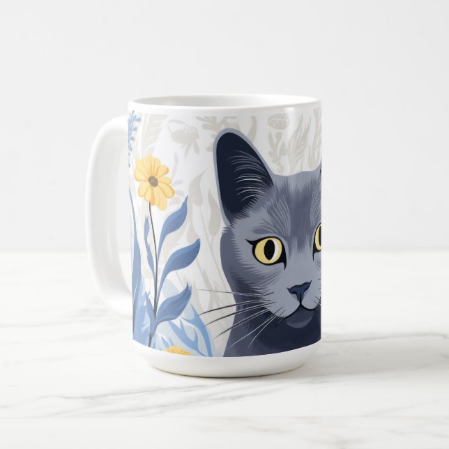 Russische Blaukatzengelbe Blumen Kaffeetasse (Vorderseite Links)