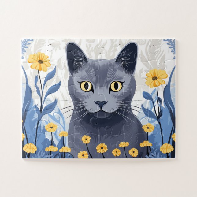 Russische Blaukatzengelbe Blumen Puzzle (Horizontal)