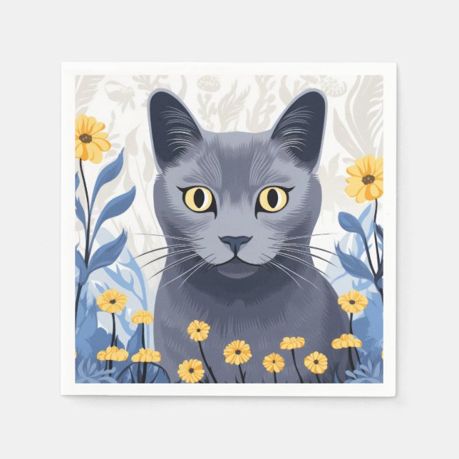 Russische Blaukatzengelbe Blumen Serviette (Vorderseite)