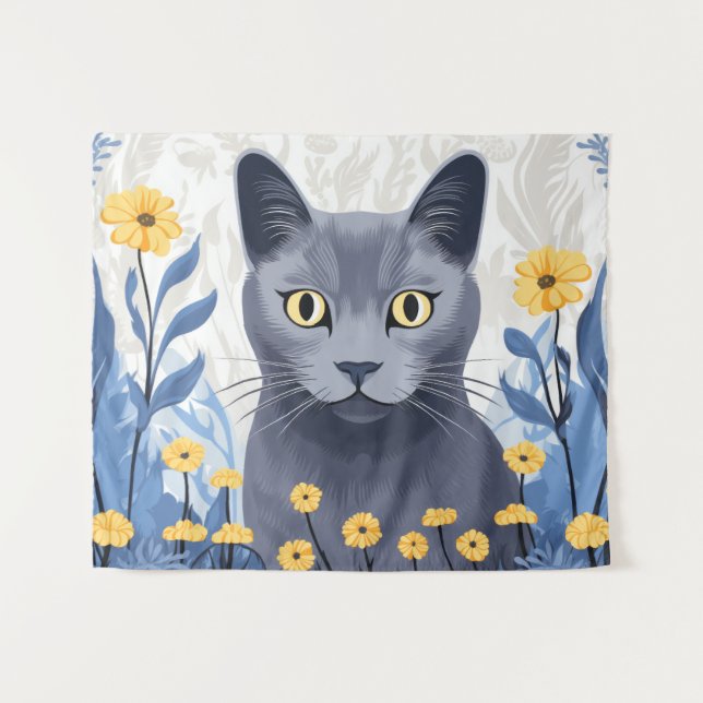 Russische Blaukatzengelbe Blumen Wandteppich (Vorderseite (Horizontal))