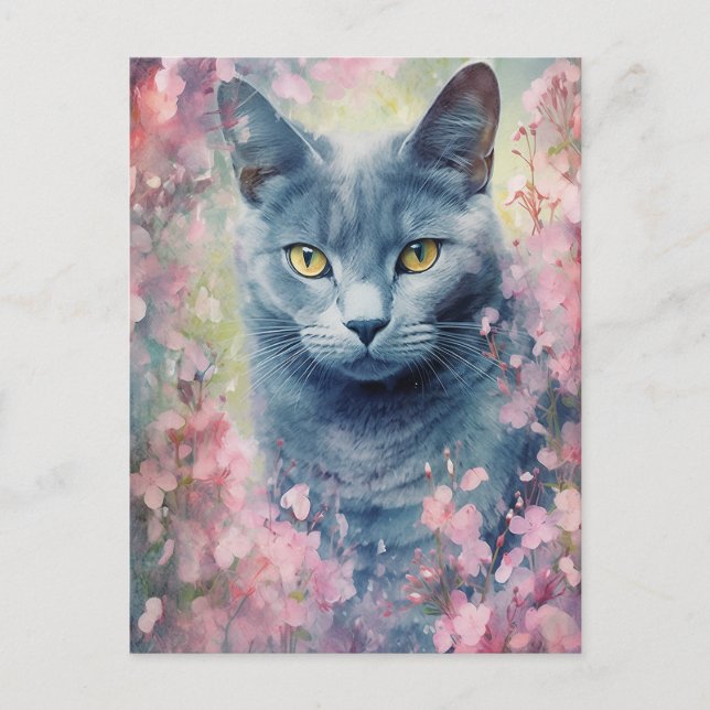 Russische Blue Cat Aquarellfarben-Blume Postkarte (Vorderseite)