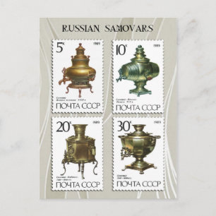 Russische Samovars aus der Antike auf Briefmarke Postkarte