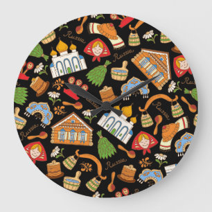 Russische Symbole: Vintages Muster. Große Wanduhr