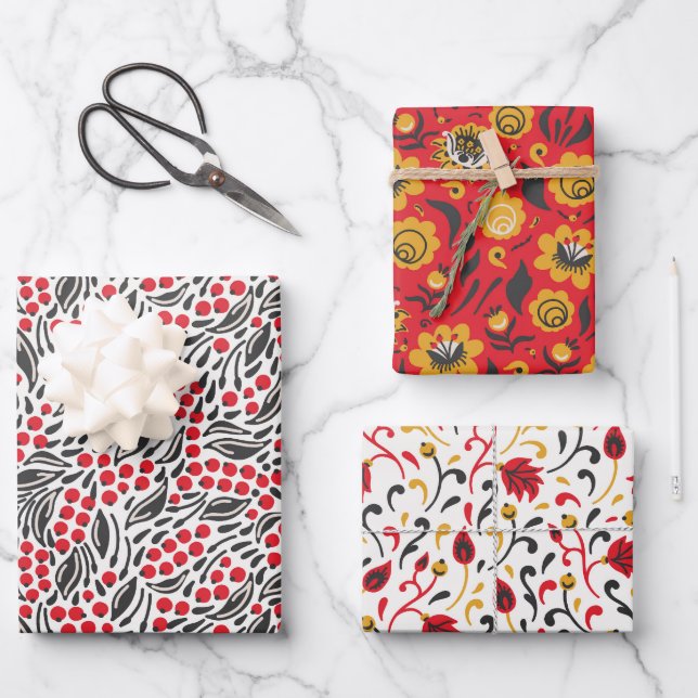 Russische Volkskunst Red Berries Black Foliage YEL Geschenkpapier Set (Vorderseite)