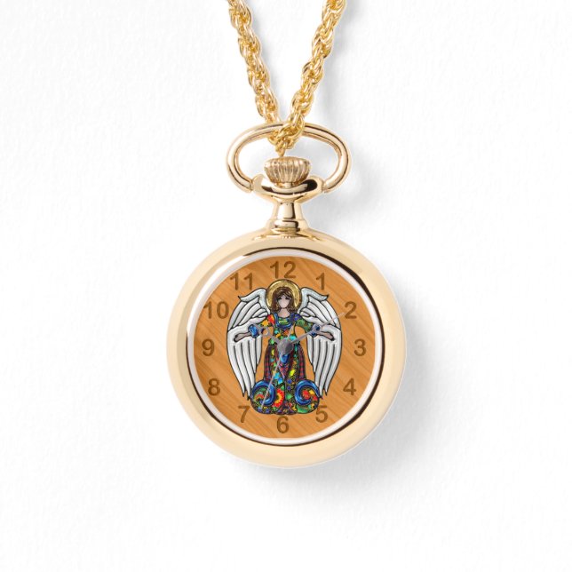 Russischer Engel auf Kirschholz-Hintergrund Armbanduhr (Vorderseite)