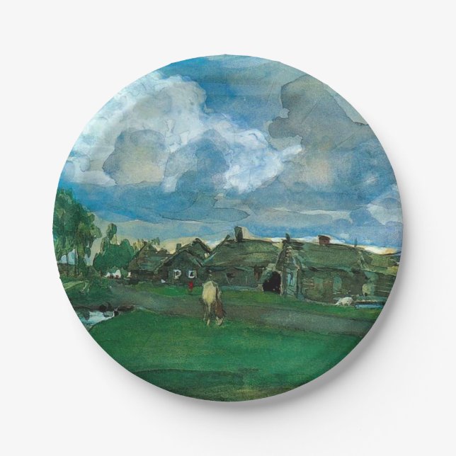 Russisches Dorf Valentin Serov Pappteller (Vorderseite)