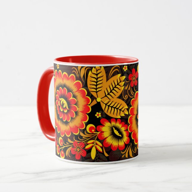 Russisches Khokhloma Muster Schwarz Roter Botanisc Tasse (Vorderseite Links)