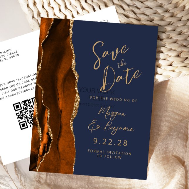 Rust-Achat-Navyblau-Script-QR-Code-Save-the-Date Ankündigungspostkarte (Von Creator hochgeladen)
