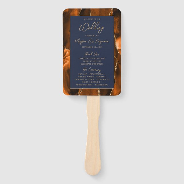 Rust Agate Navy Blue Gold Script Wedding Programm Fächer (Vorderseite)