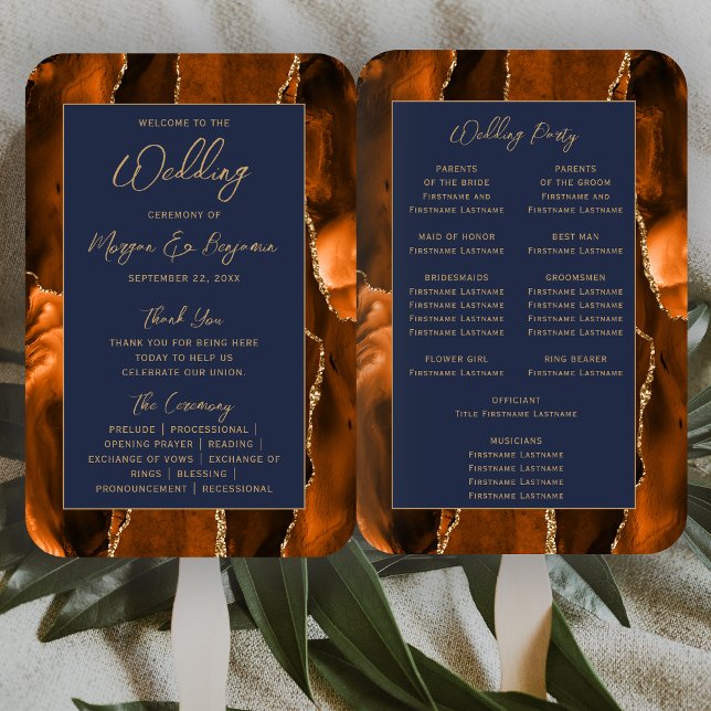 Rust Agate Navy Blue Gold Script Wedding Programm Fächer (Von Creator hochgeladen)
