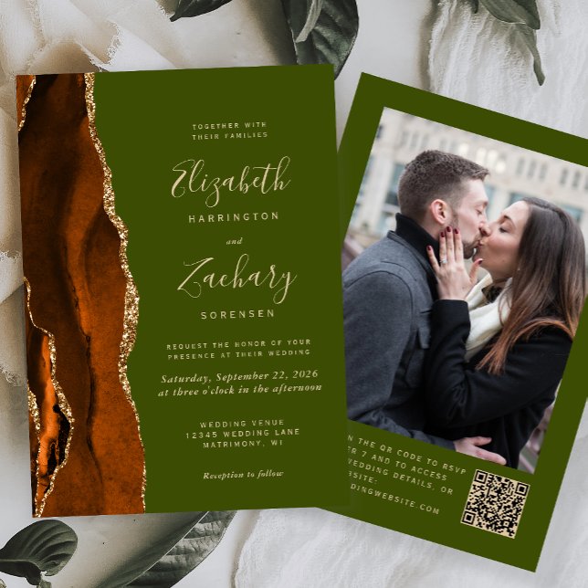 Rust Agate Olive Green Foto QR Code Hochzeit Einladung (Von Creator hochgeladen)